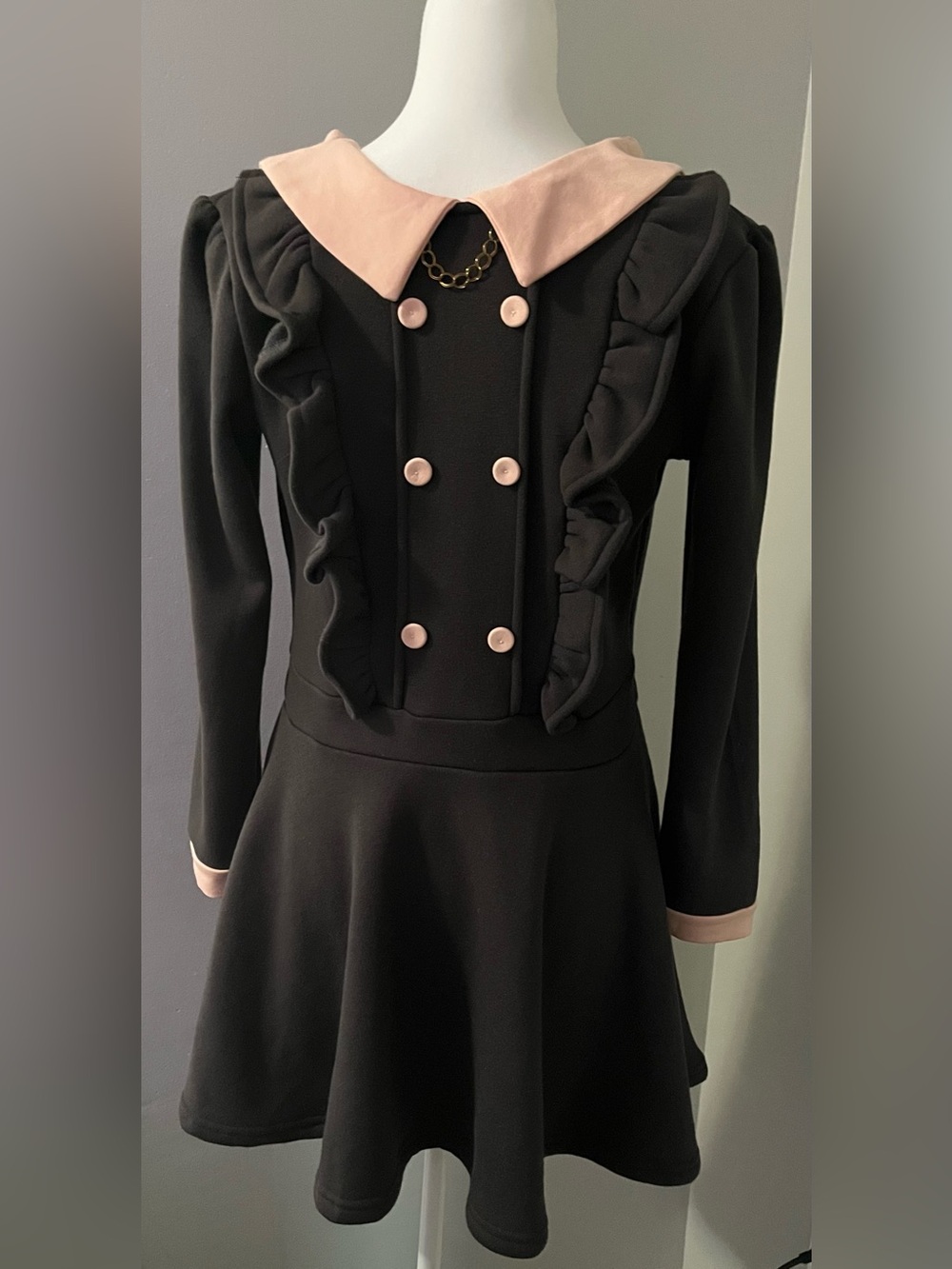 Trish Scully Girls' Size 8 Charcoal Grey Long-Sleeve Dress with Pink Collar